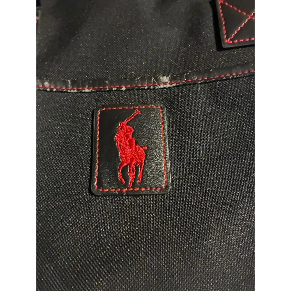 Ralph Lauren Tote Bag Womens One Size Black Canvas Leather Trim Red Stitch